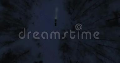 夜间乘雪车穿过森林
